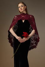 OCTAVIA BLACK AND BURGUNDY V-NECK CAPED COLUMN GOWN
