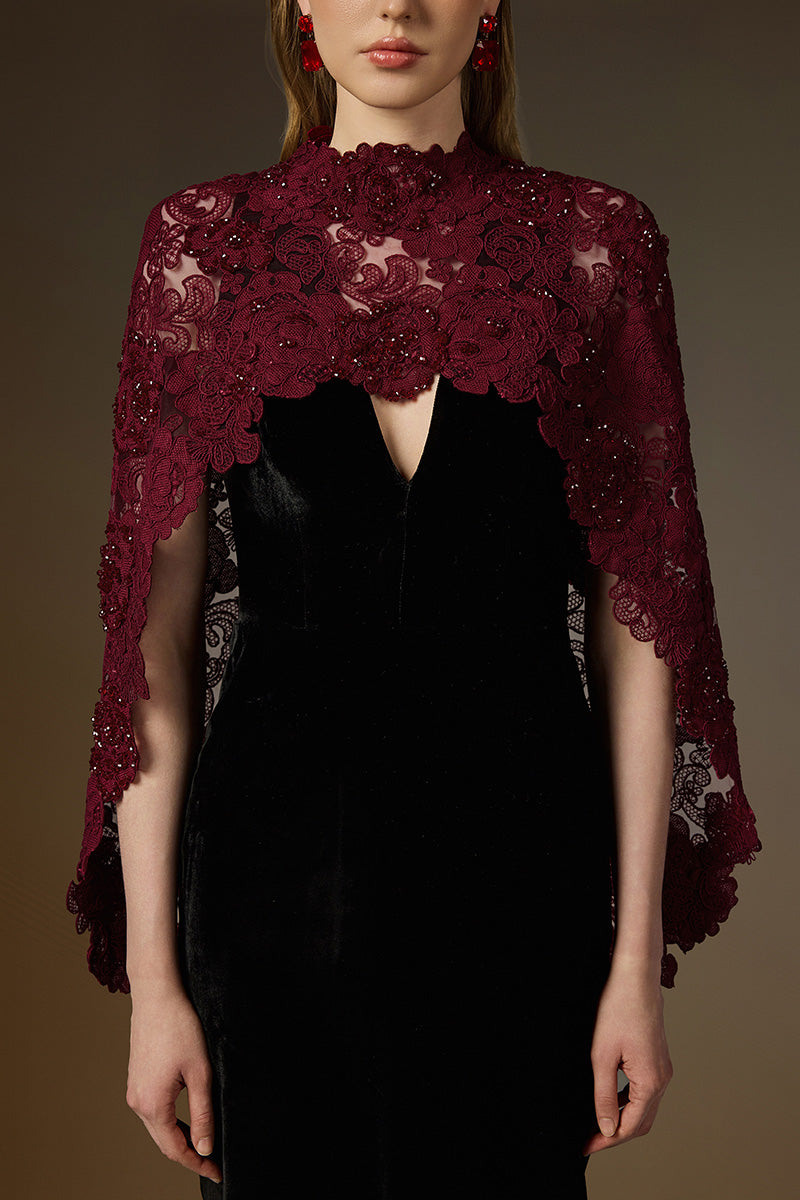 OCTAVIA BLACK AND BURGUNDY V-NECK CAPED COLUMN GOWN
