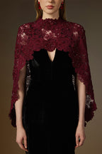 OCTAVIA BLACK AND BURGUNDY V-NECK CAPED COLUMN GOWN