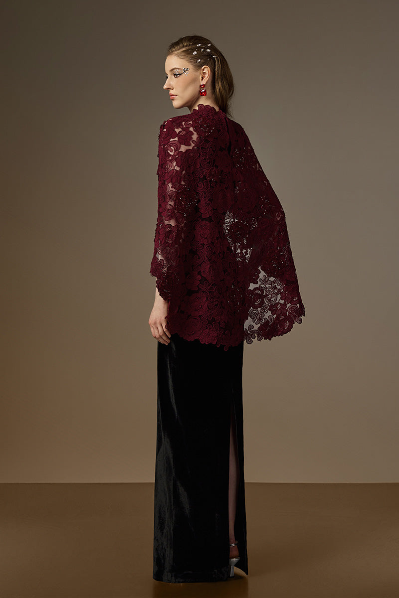 OCTAVIA BLACK AND BURGUNDY V-NECK CAPED COLUMN GOWN