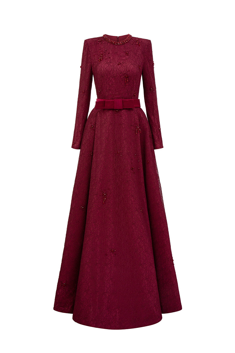 BEATRIX BURGUNDY CRYSTAL GUIPURE LACE A-LINE GOWN