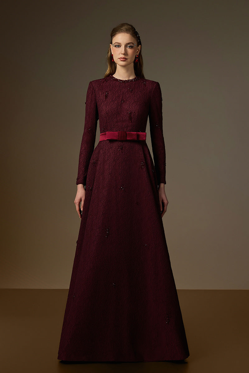 BEATRIX BURGUNDY CRYSTAL GUIPURE LACE A-LINE GOWN