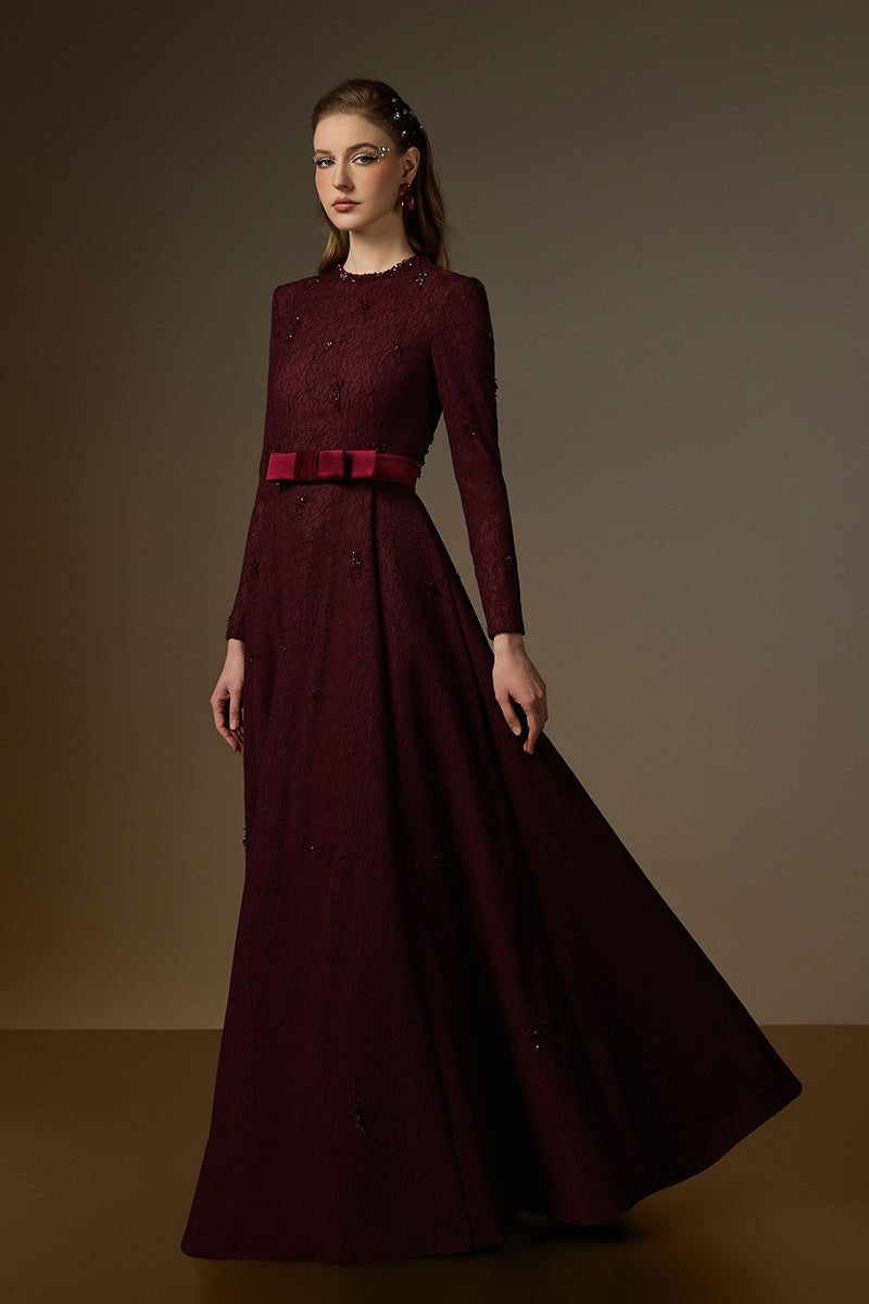 BEATRIX BURGUNDY CRYSTAL GUIPURE LACE A-LINE GOWN