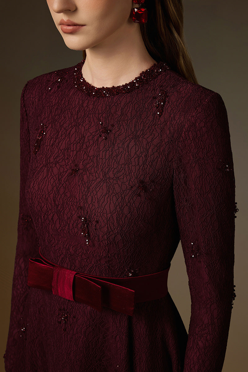 BEATRIX BURGUNDY CRYSTAL GUIPURE LACE A-LINE GOWN