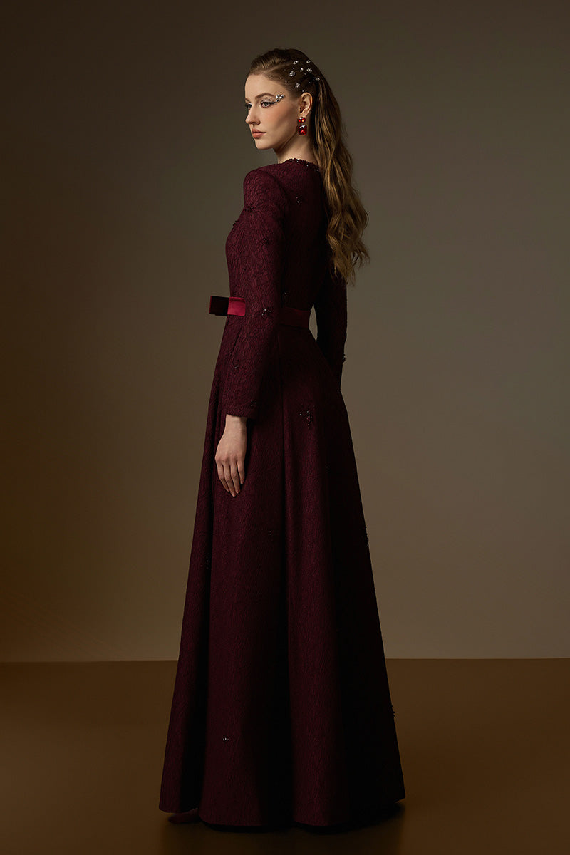 BEATRIX BURGUNDY CRYSTAL GUIPURE LACE A-LINE GOWN