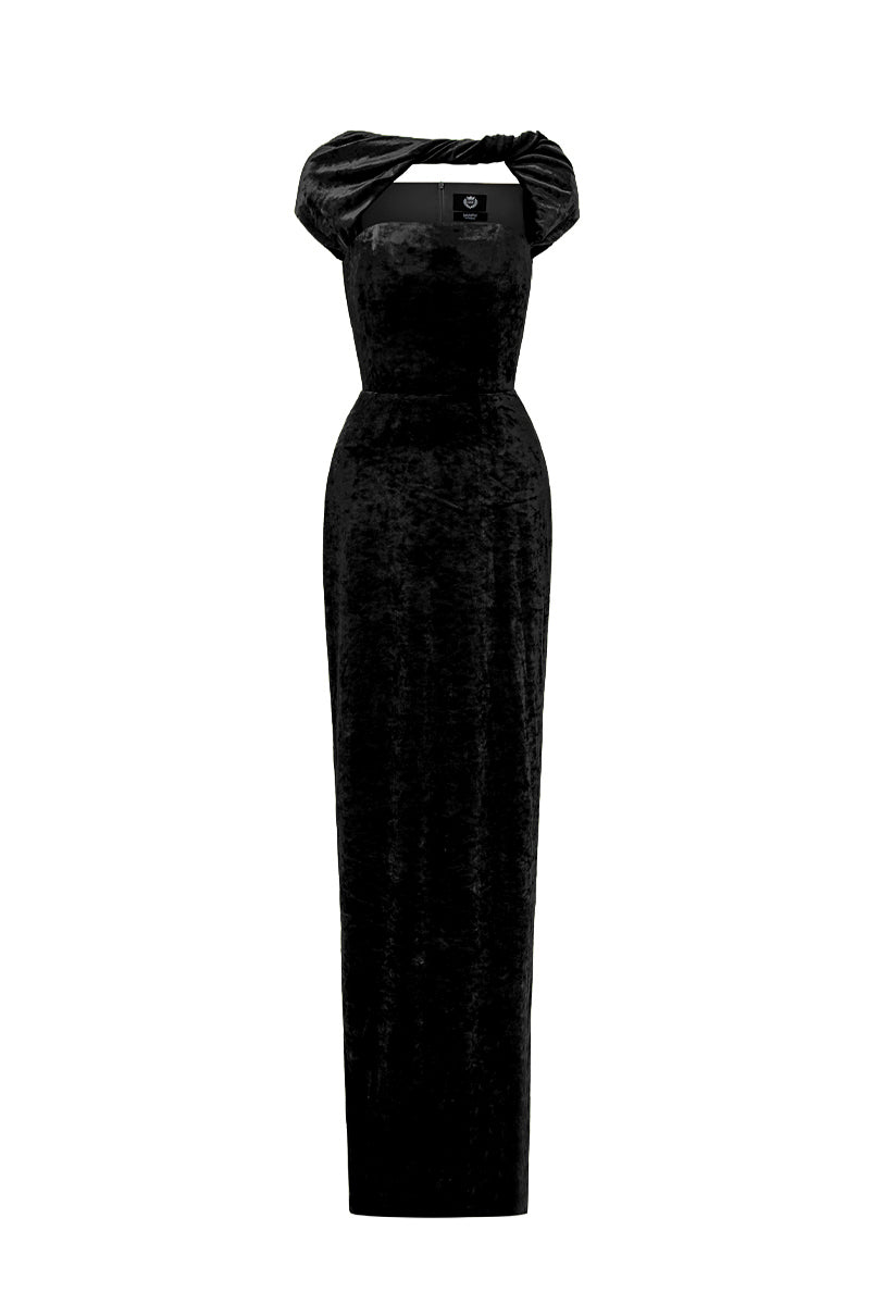 PENELOPE BLACK SHORT SLEEVE DRAPED VELVET GOWN