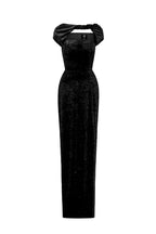 PENELOPE BLACK SHORT SLEEVE DRAPED VELVET GOWN