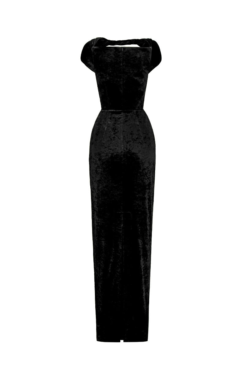 PENELOPE BLACK SHORT SLEEVE DRAPED VELVET GOWN