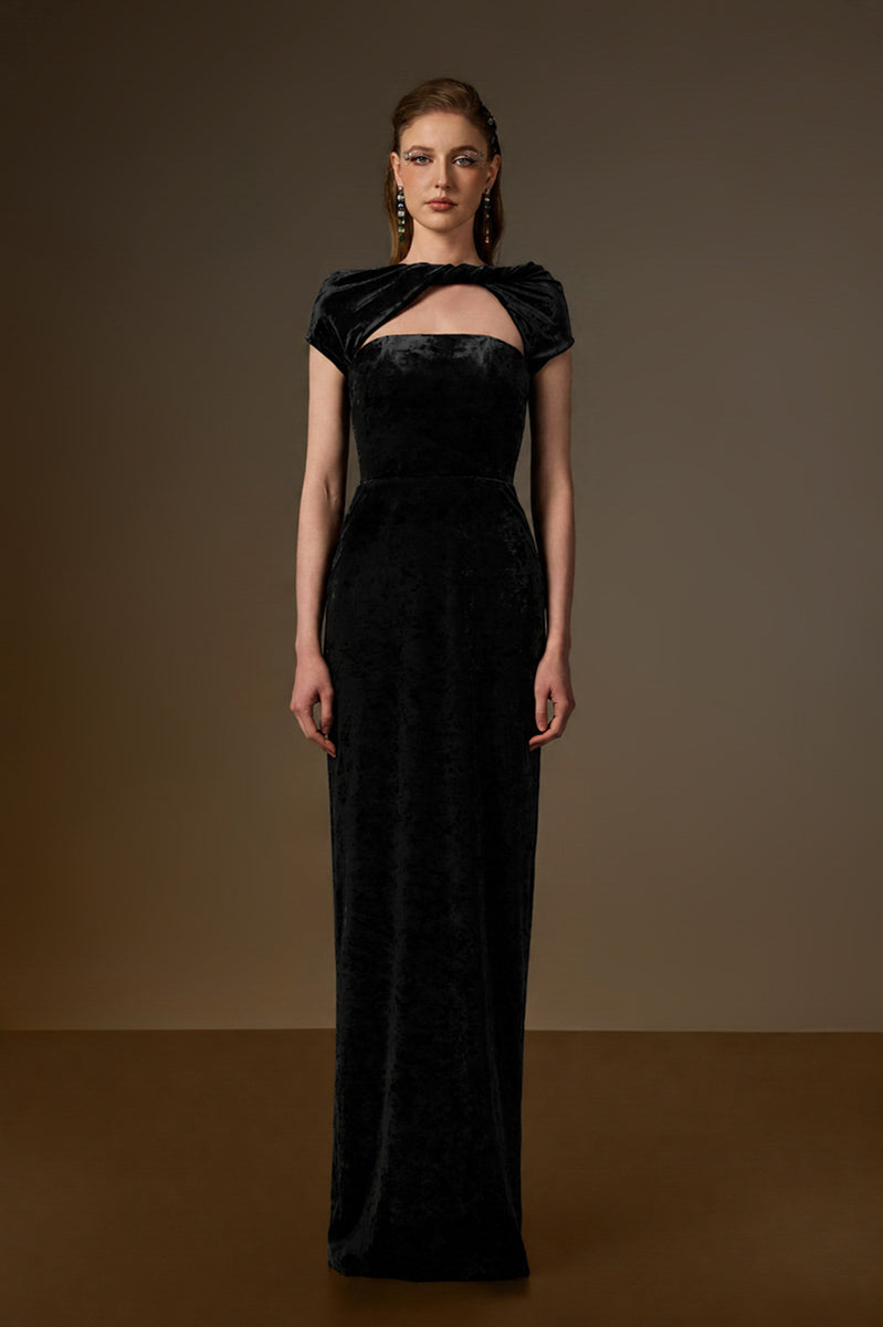 PENELOPE BLACK SHORT SLEEVE DRAPED VELVET GOWN