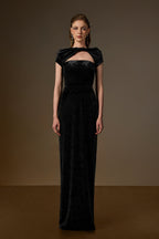 PENELOPE BLACK SHORT SLEEVE DRAPED VELVET GOWN