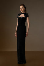 PENELOPE BLACK SHORT SLEEVE DRAPED VELVET GOWN