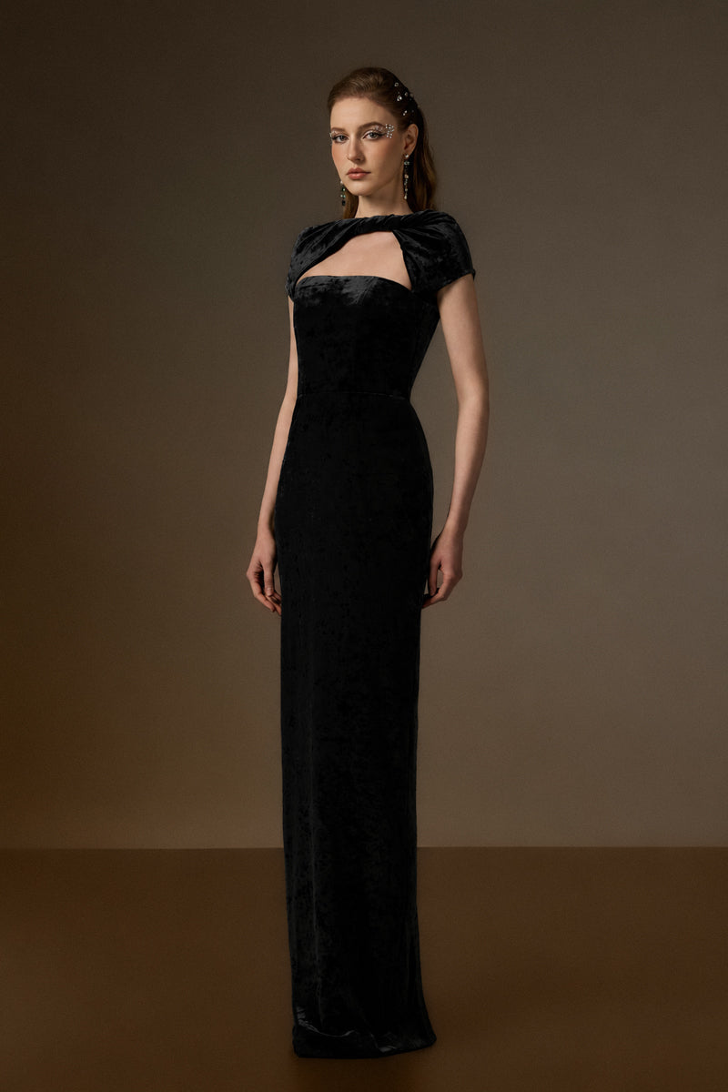 PENELOPE BLACK SHORT SLEEVE DRAPED VELVET GOWN