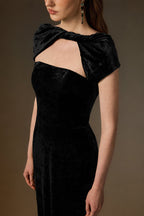 PENELOPE BLACK SHORT SLEEVE DRAPED VELVET GOWN