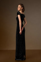 PENELOPE BLACK SHORT SLEEVE DRAPED VELVET GOWN