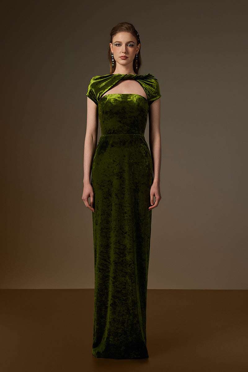PENELOPE GREEN SHORT SLEEVE DRAPED VELVET GOWN