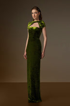 PENELOPE GREEN SHORT SLEEVE DRAPED VELVET GOWN