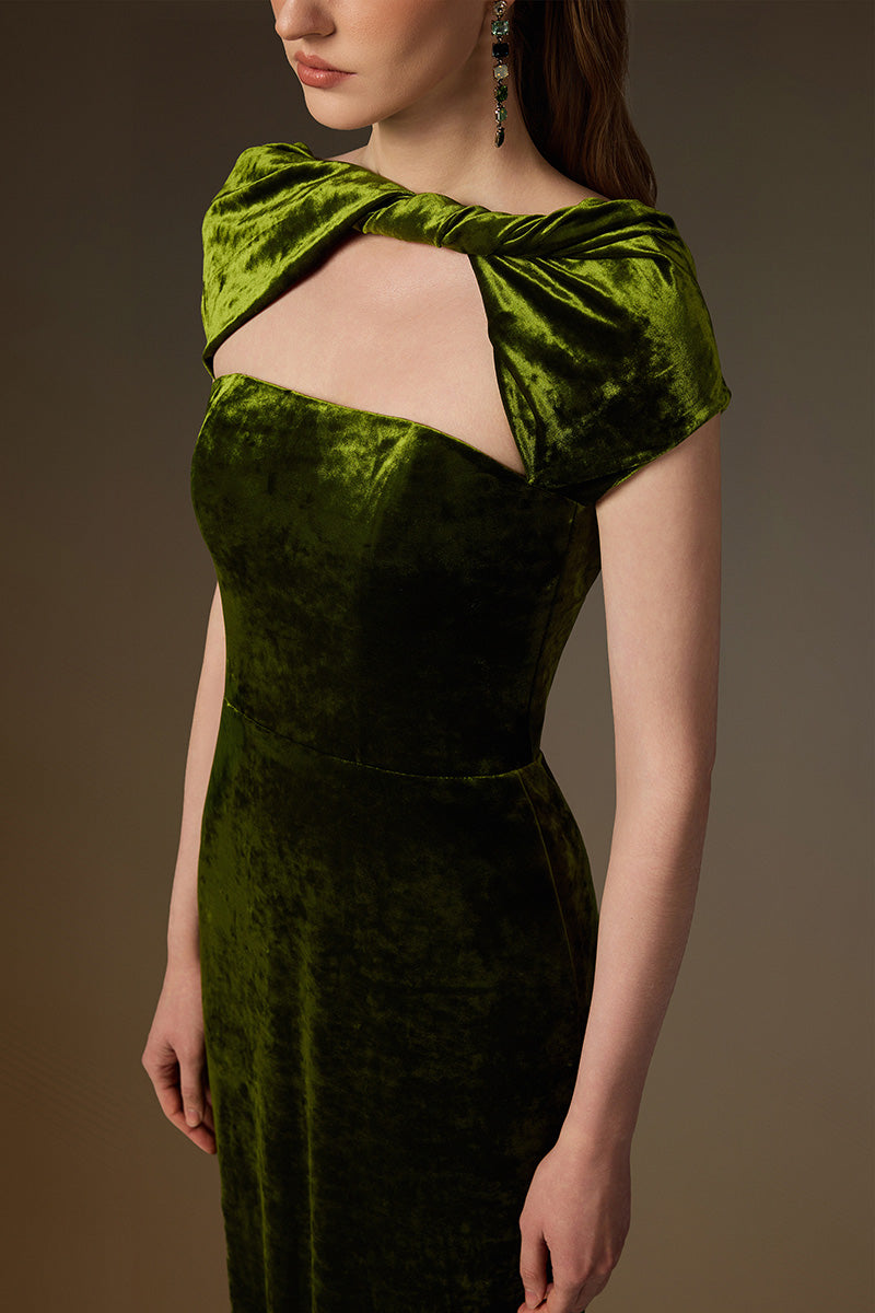 PENELOPE GREEN SHORT SLEEVE DRAPED VELVET GOWN