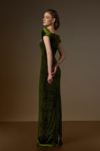 PENELOPE GREEN SHORT SLEEVE DRAPED VELVET GOWN