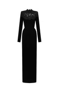 CORDELIA BLACK CRYSTAL EMBELLISHED LACE COLUMN GOWN