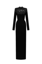 CORDELIA BLACK CRYSTAL EMBELLISHED LACE COLUMN GOWN