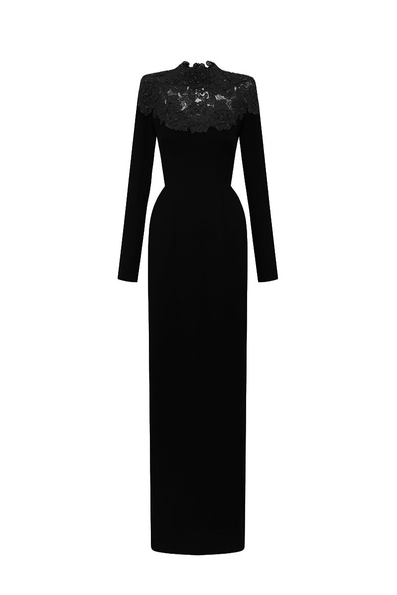 CORDELIA BLACK CRYSTAL EMBELLISHED LACE COLUMN GOWN