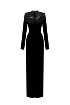 CORDELIA BLACK CRYSTAL EMBELLISHED LACE COLUMN GOWN