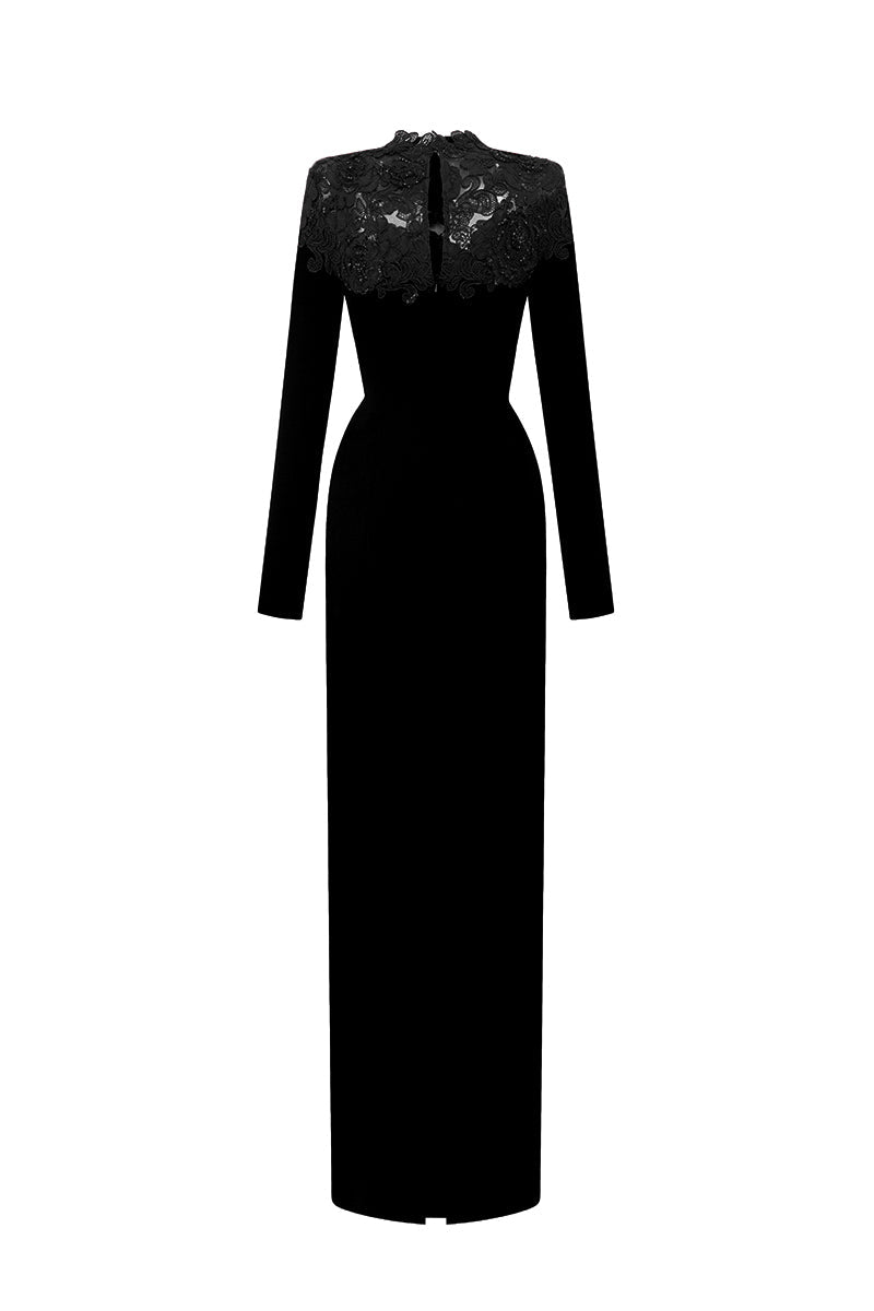 CORDELIA BLACK CRYSTAL EMBELLISHED LACE COLUMN GOWN
