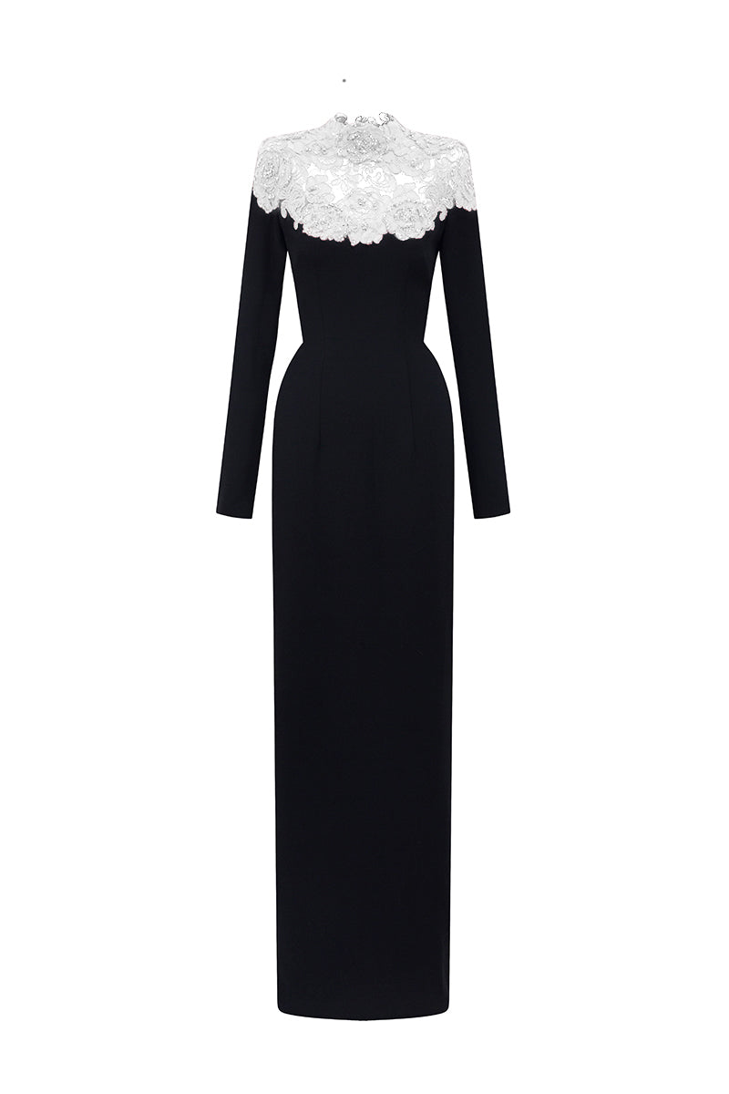 CORDELIA BLACK AND WHITE CRYSTAL EMBELLISHED LACE COLUMN GOWN
