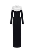 CORDELIA BLACK AND WHITE CRYSTAL EMBELLISHED LACE COLUMN GOWN