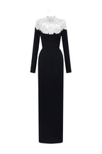 CORDELIA BLACK AND WHITE CRYSTAL EMBELLISHED LACE COLUMN GOWN
