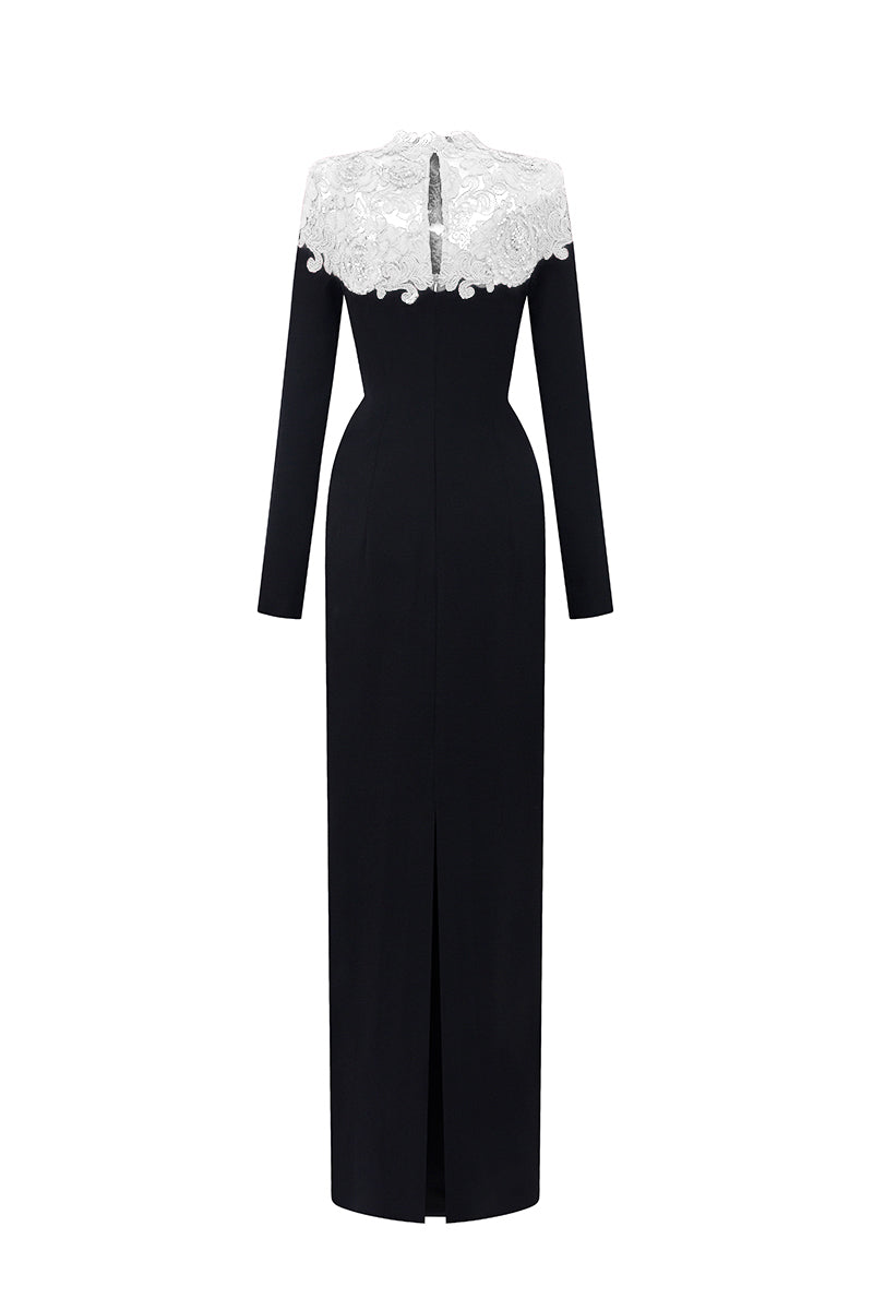 CORDELIA BLACK AND WHITE CRYSTAL EMBELLISHED LACE COLUMN GOWN