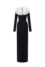 CORDELIA BLACK AND WHITE CRYSTAL EMBELLISHED LACE COLUMN GOWN