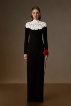 CORDELIA BLACK AND WHITE CRYSTAL EMBELLISHED LACE COLUMN GOWN