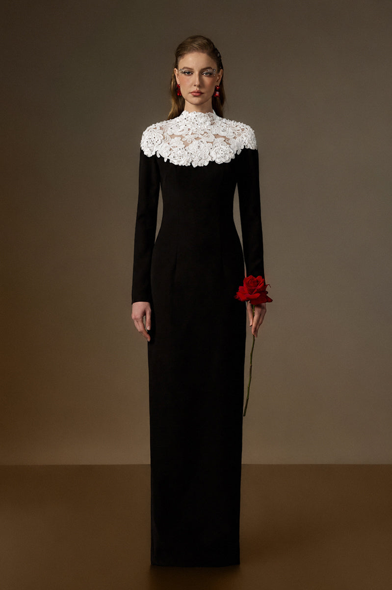 CORDELIA BLACK AND WHITE CRYSTAL EMBELLISHED LACE COLUMN GOWN