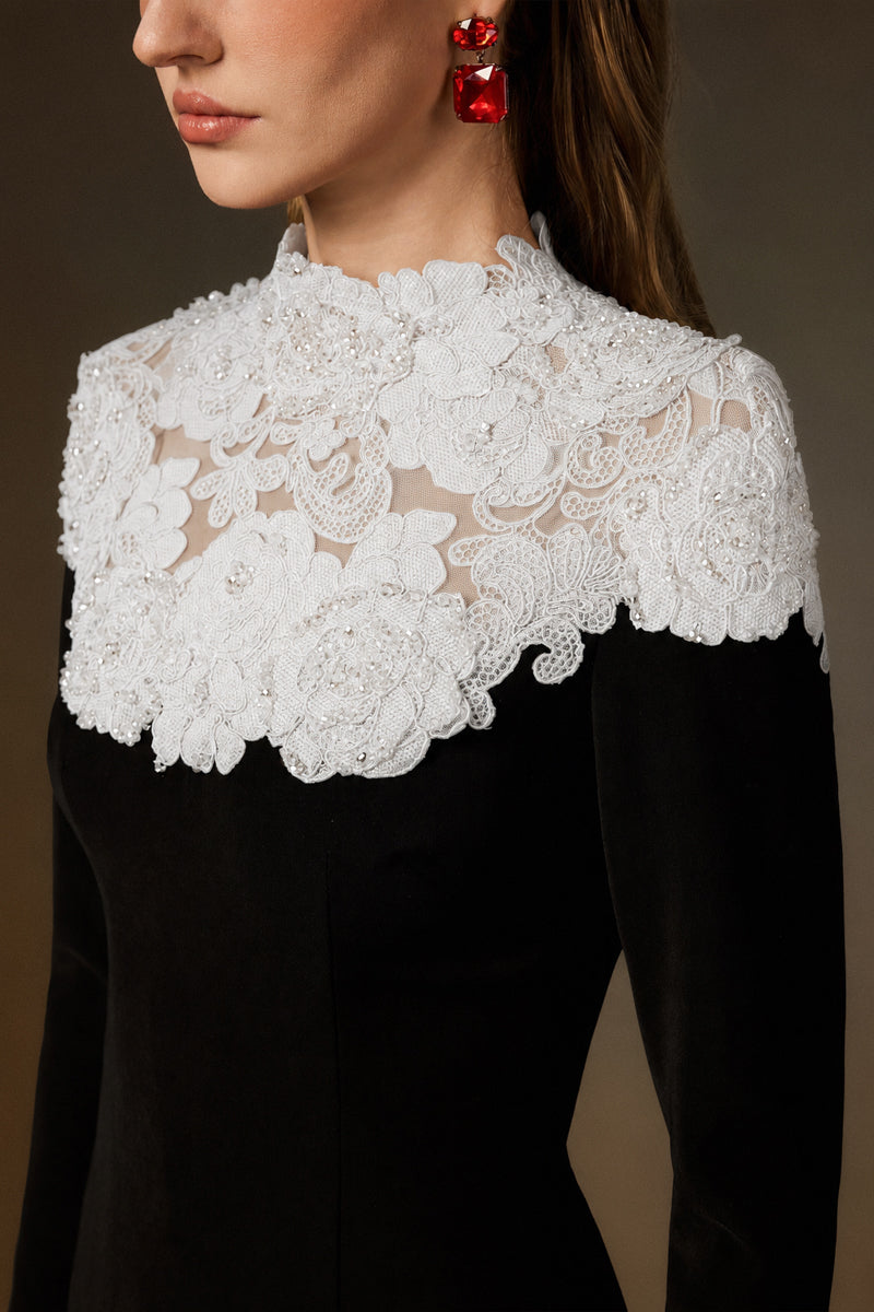 CORDELIA BLACK AND WHITE CRYSTAL EMBELLISHED LACE COLUMN GOWN