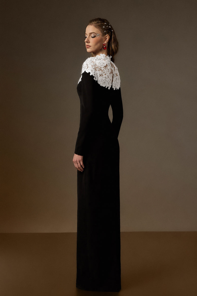 CORDELIA BLACK AND WHITE CRYSTAL EMBELLISHED LACE COLUMN GOWN