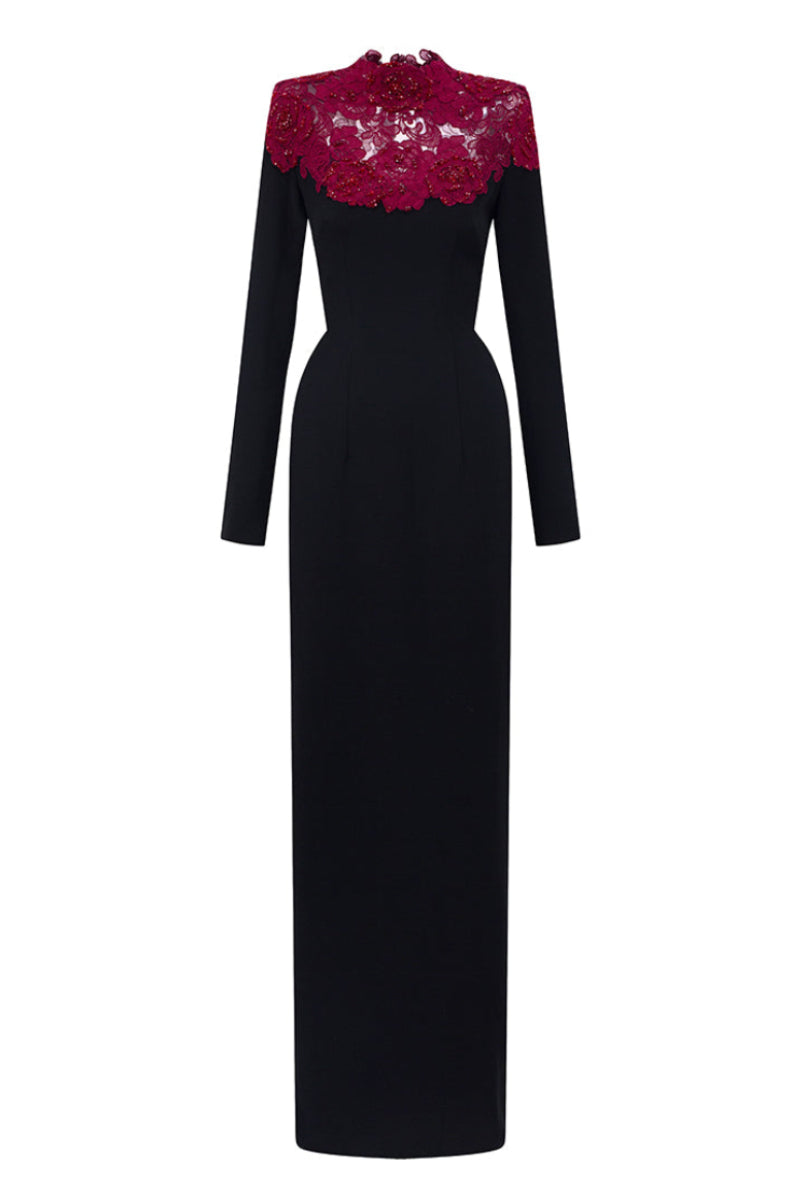 CORDELIA BLACK AND BURGUNDY CRYSTAL EMBELLISHED LACE COLUMN GOWN