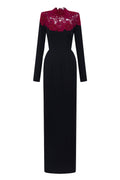CORDELIA BLACK AND BURGUNDY CRYSTAL EMBELLISHED LACE COLUMN GOWN