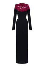 CORDELIA BLACK AND BURGUNDY CRYSTAL EMBELLISHED LACE COLUMN GOWN