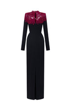 CORDELIA BLACK AND BURGUNDY CRYSTAL EMBELLISHED LACE COLUMN GOWN