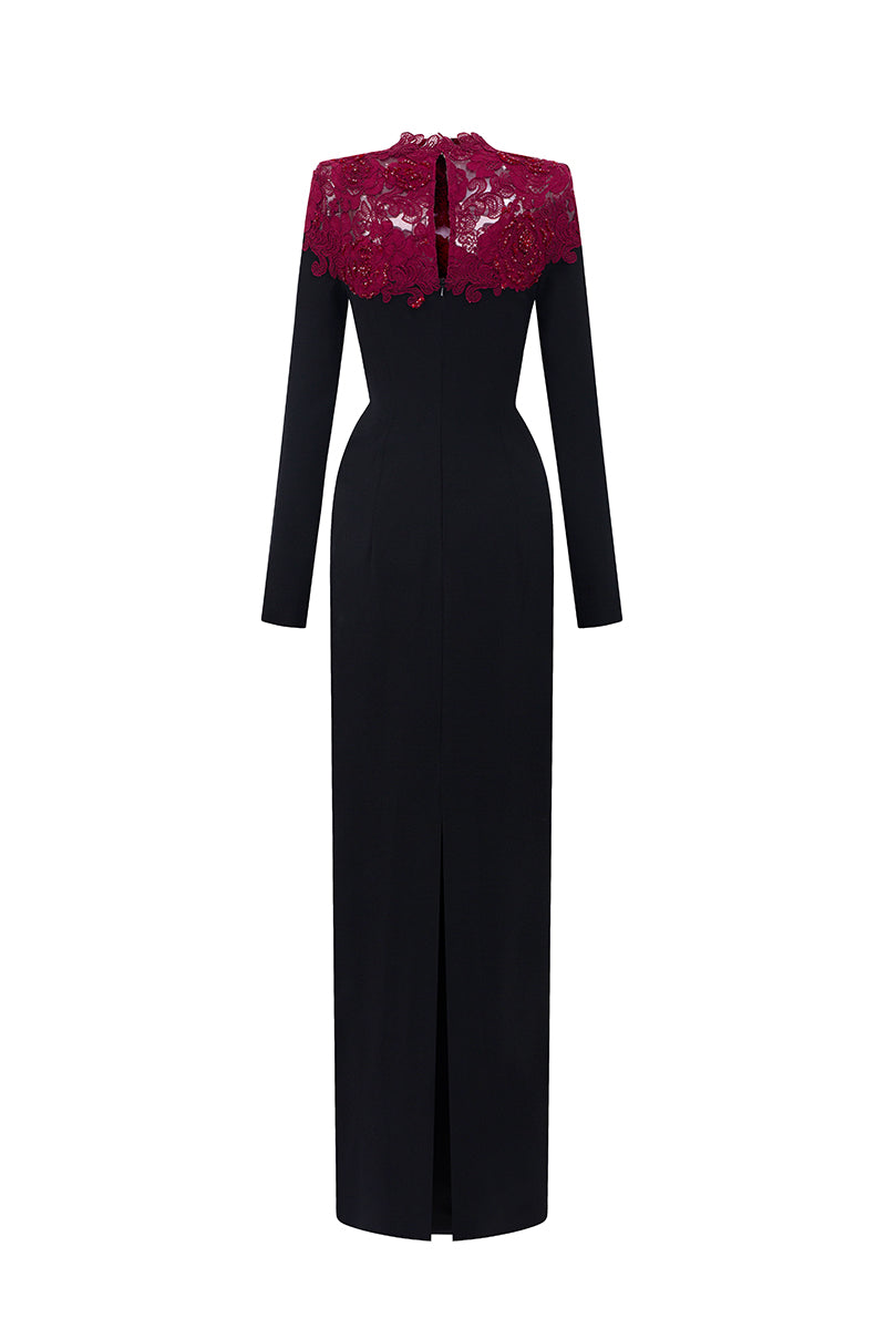 CORDELIA BLACK AND BURGUNDY CRYSTAL EMBELLISHED LACE COLUMN GOWN