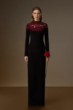 CORDELIA BLACK AND BURGUNDY CRYSTAL EMBELLISHED LACE COLUMN GOWN