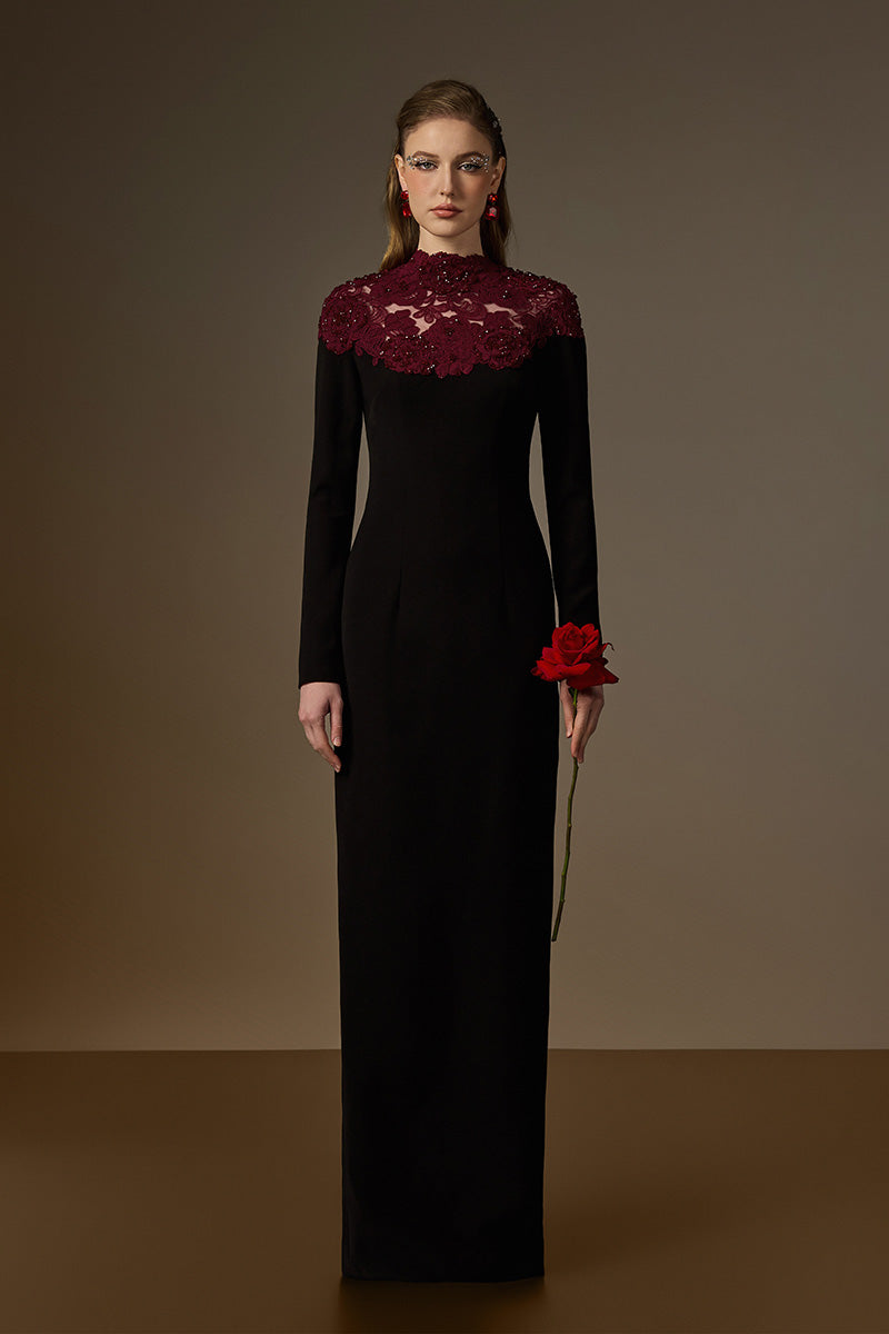 CORDELIA BLACK AND BURGUNDY CRYSTAL EMBELLISHED LACE COLUMN GOWN