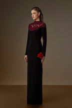 CORDELIA BLACK AND BURGUNDY CRYSTAL EMBELLISHED LACE COLUMN GOWN