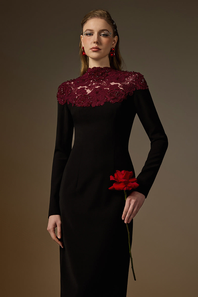 CORDELIA BLACK AND BURGUNDY CRYSTAL EMBELLISHED LACE COLUMN GOWN