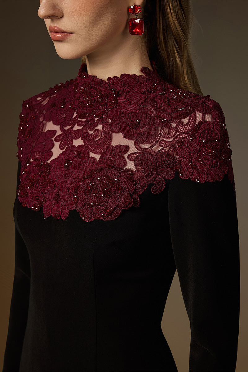 CORDELIA BLACK AND BURGUNDY CRYSTAL EMBELLISHED LACE COLUMN GOWN