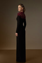 CORDELIA BLACK AND BURGUNDY CRYSTAL EMBELLISHED LACE COLUMN GOWN