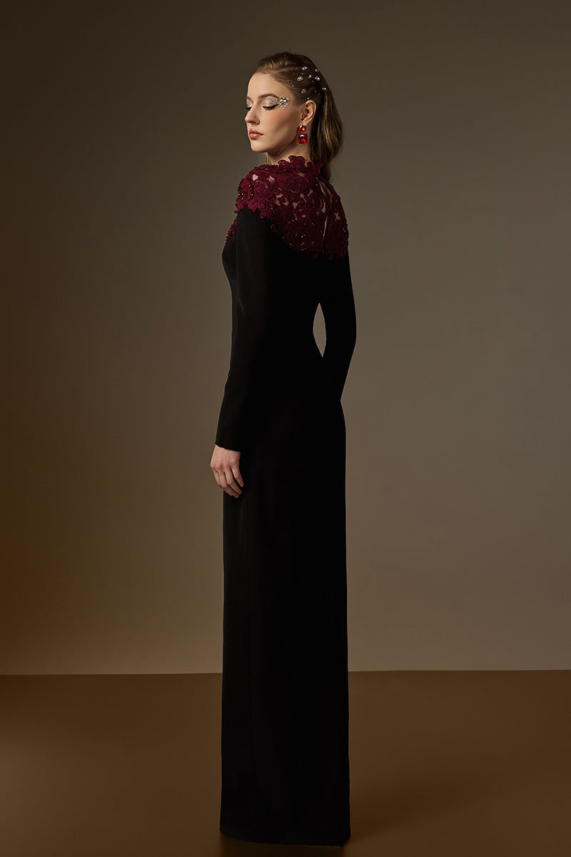 CORDELIA BLACK AND BURGUNDY CRYSTAL EMBELLISHED LACE COLUMN GOWN
