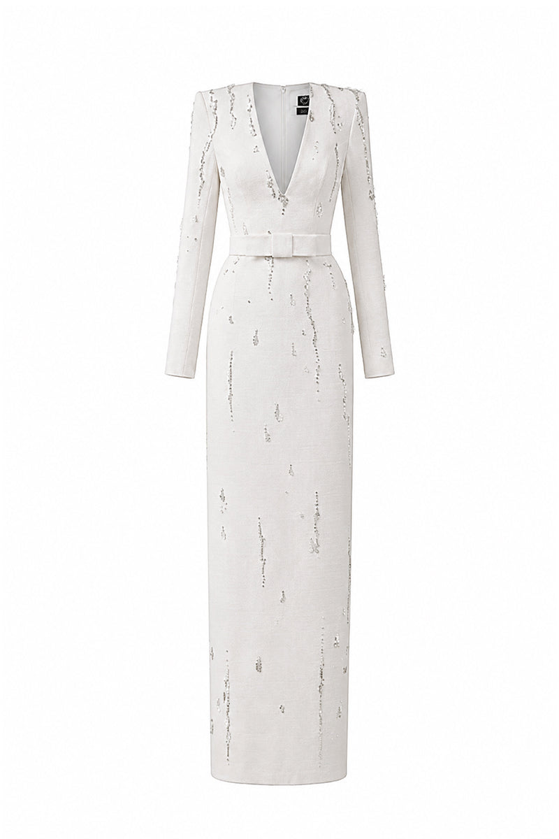 SERAPHINA WHITE EMBELLISHED V-NECK COLUMN GOWN