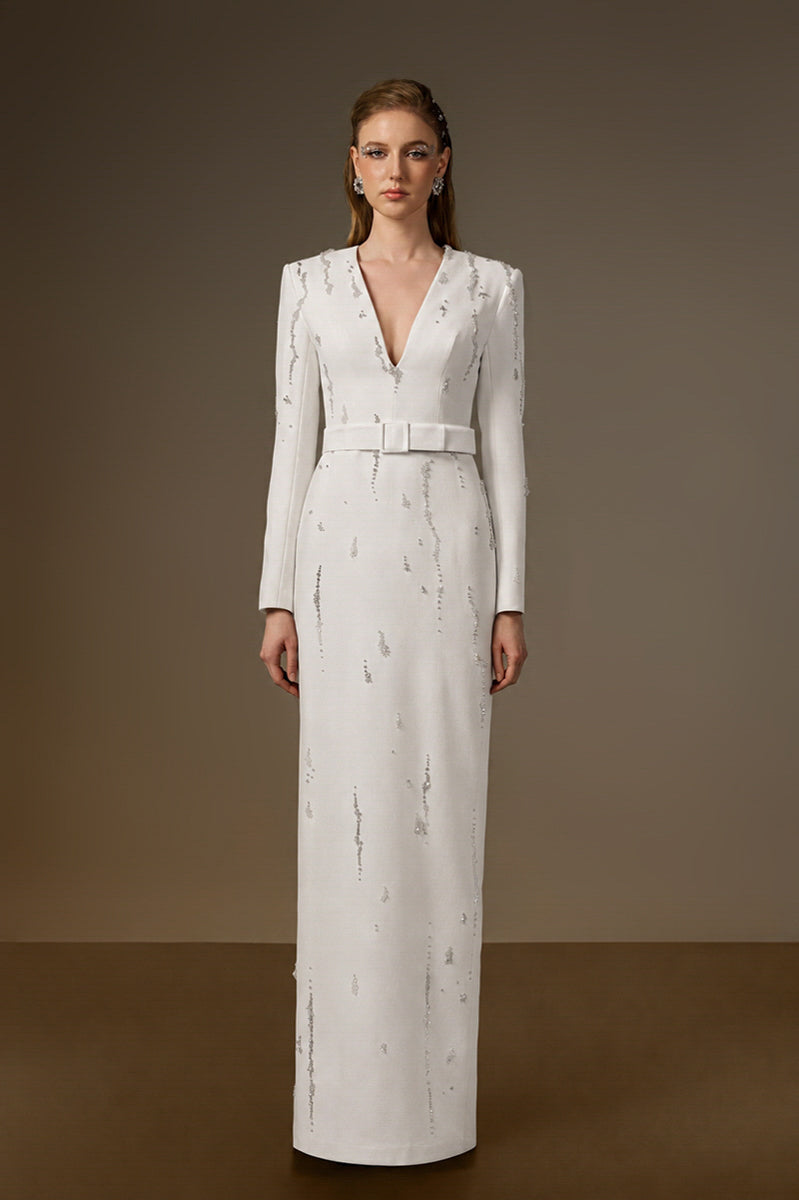SERAPHINA WHITE EMBELLISHED V-NECK COLUMN GOWN